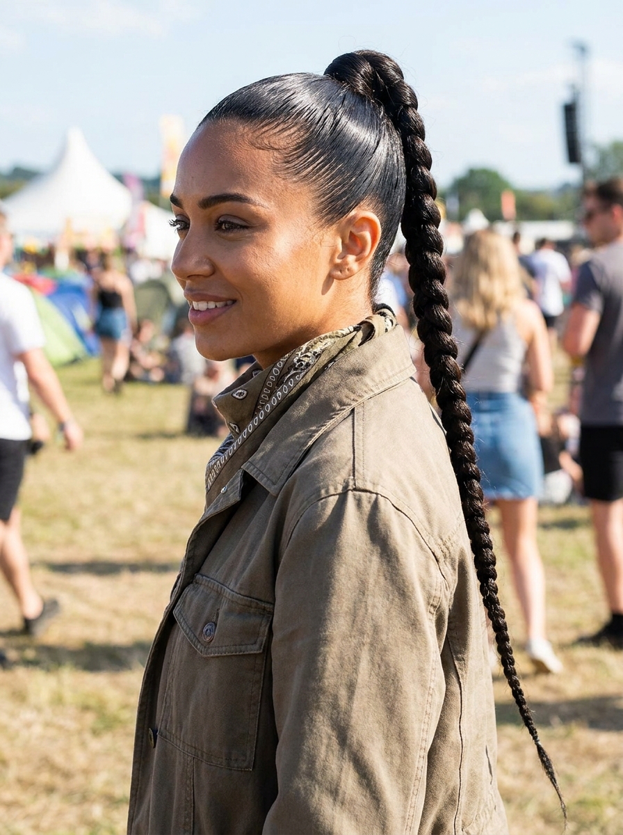 Sleek Braided Ponytail als Festival Frisuren Inspiration 2026